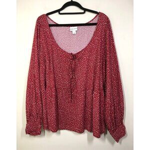 Ava & Viv Babydoll Top 1X Women's Red Balloon Sleeve Scoop Neck Boho Bust 51"